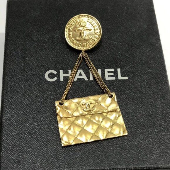 CHANEL CC Logo Quilted Bag Motif Brooch Gold Tone 93A Pin Auth w/Box D-j1151 - Picture 14 of 16
